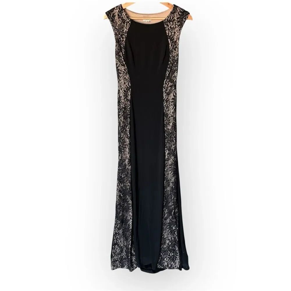 Vintage Cache Black Maxi Dress Stretch size 4 Lace Panels Whimsigoth homecoming